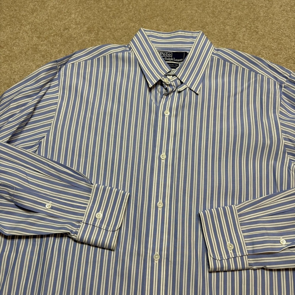Vtg Polo Ralph Lauren Shirt Mens 15.5 Douglas Tab Blue Stripe Dress Long Sleeve